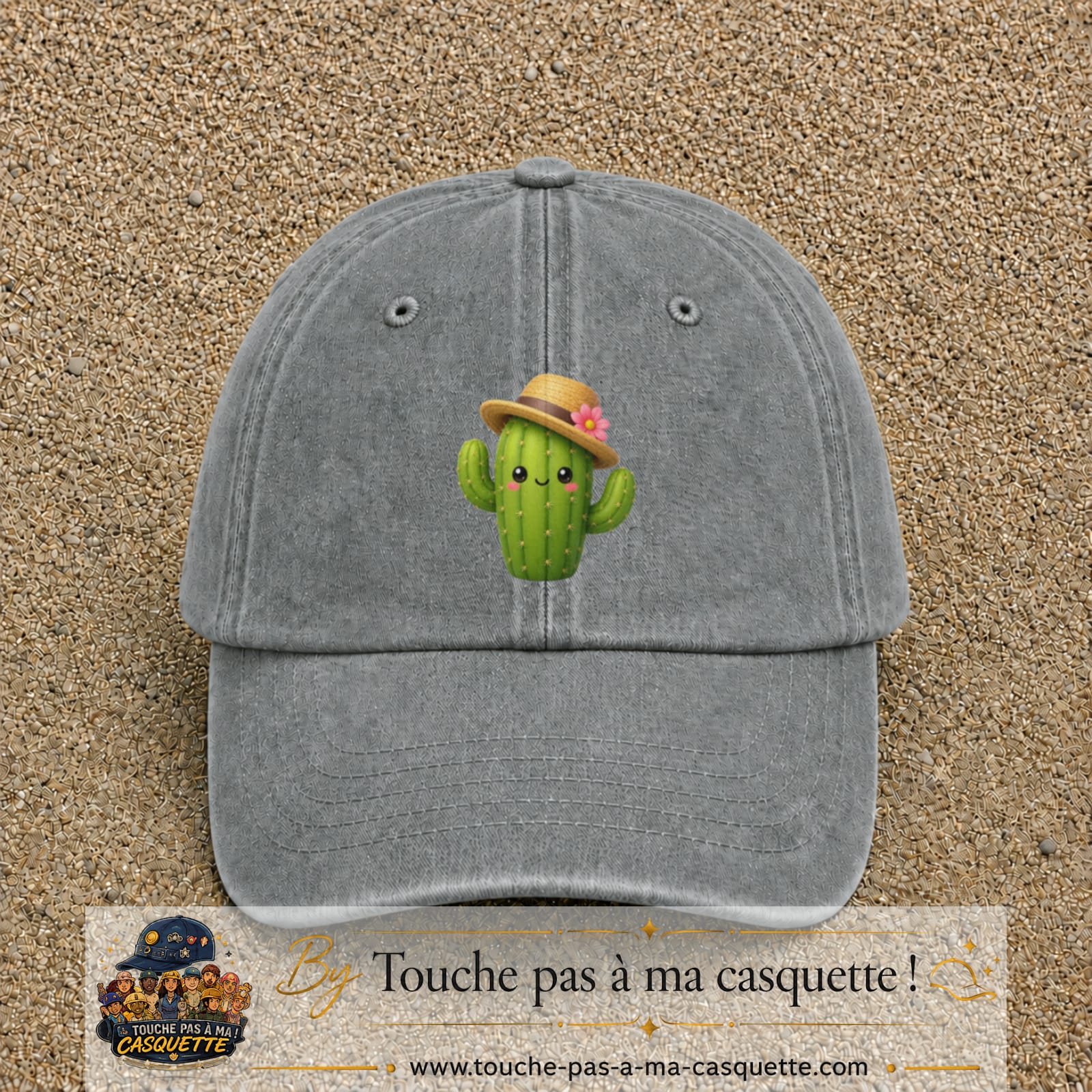 Casquette baseball Gris délavé 100% coton avec visuel Cactus kawaii chapeau 7 cm - image produit principale