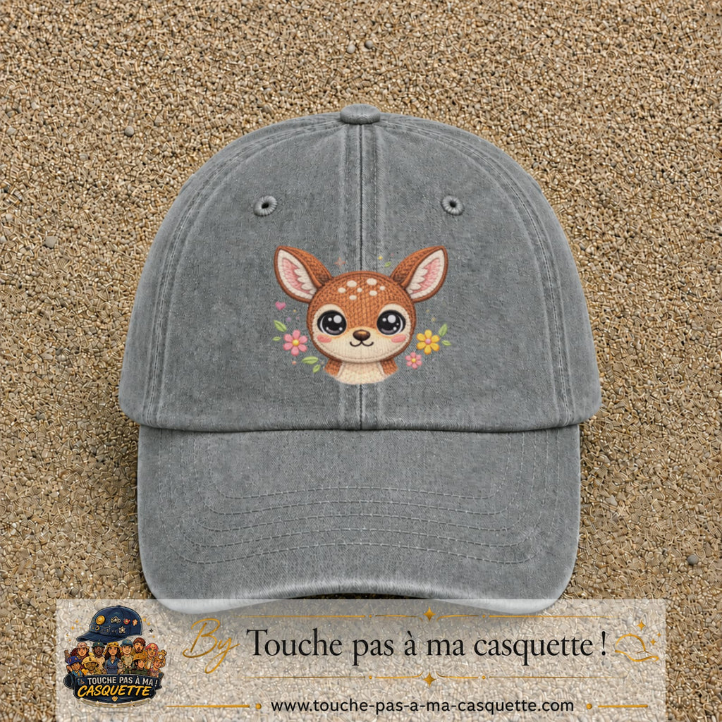 Image principale produit98grosGR - casquette Gris délavé avec visuel Faon fleuri 7 cm