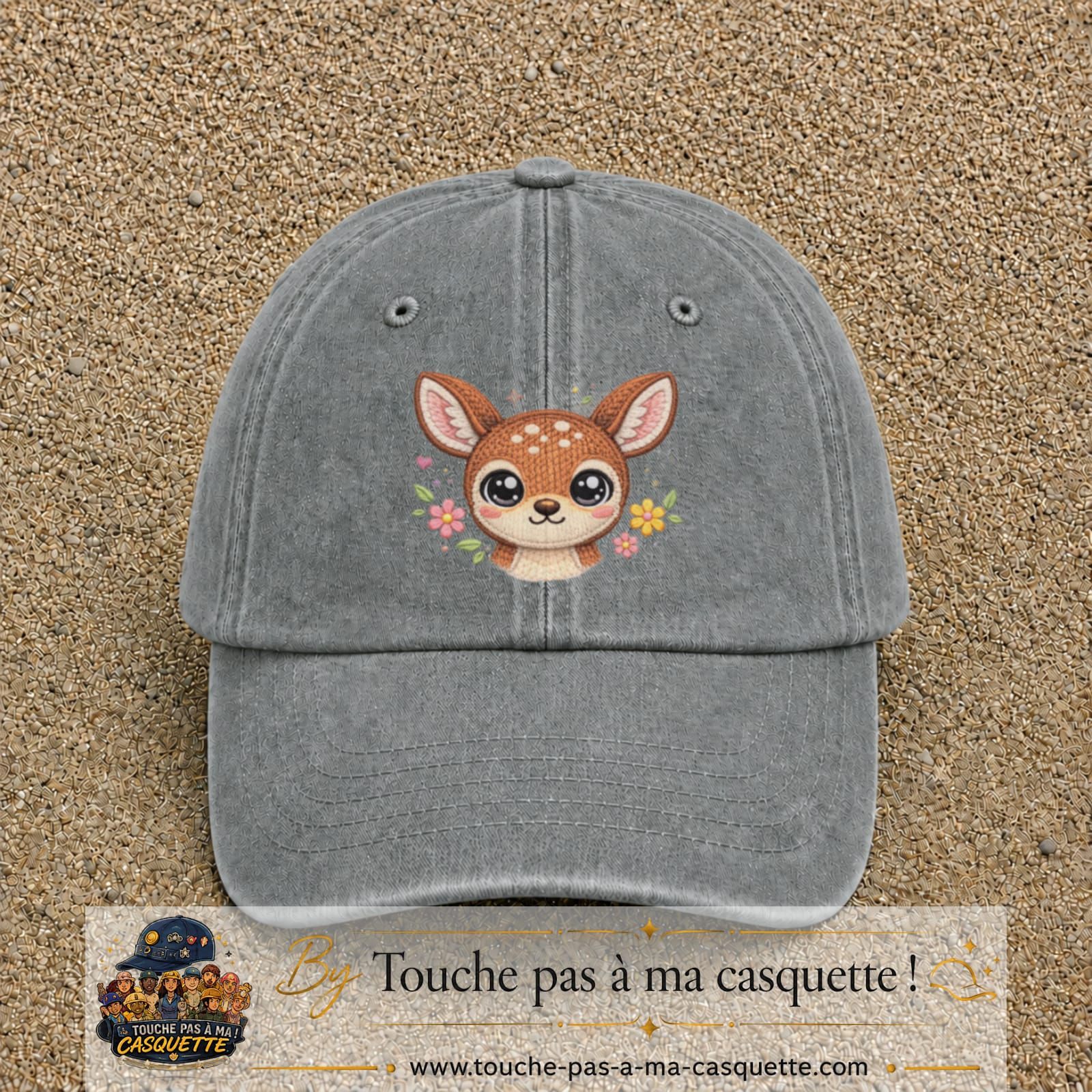 Image principale produit98grosGR - casquette Gris délavé avec visuel Faon fleuri 7 cm