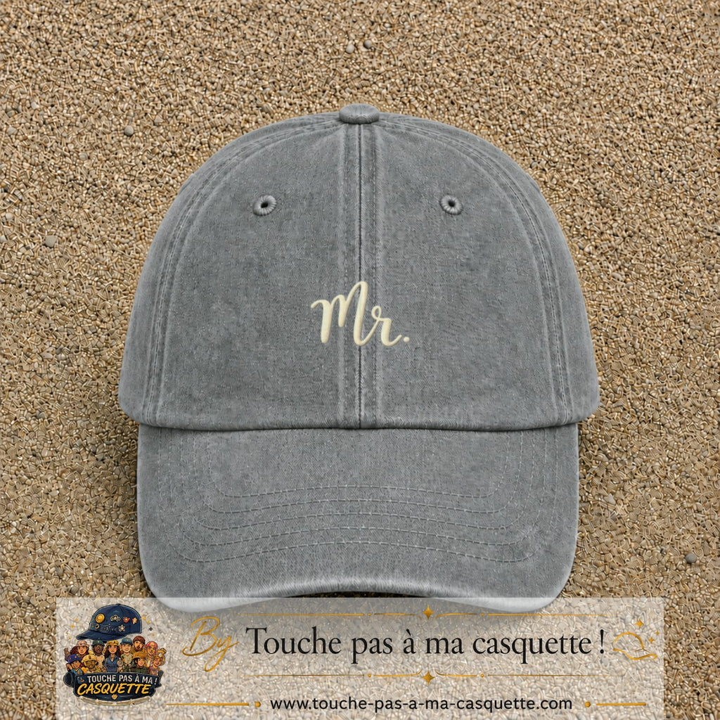 Image principale produit111petitGR - casquette Gris délavé avec visuel Mr blanc 3 cm