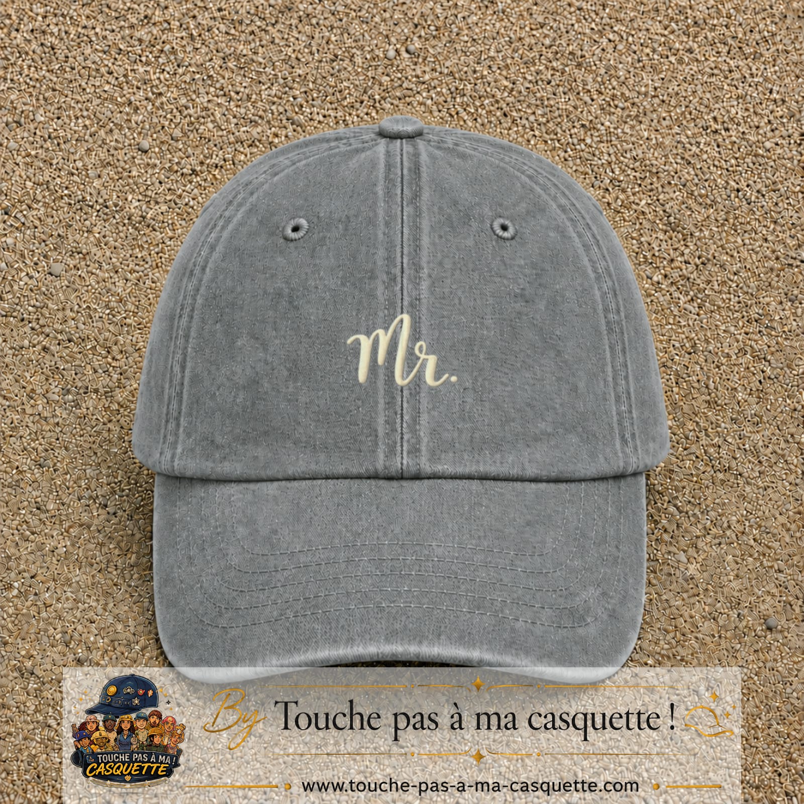 Image principale produit111petitGR - casquette Gris délavé avec visuel Mr blanc 3 cm