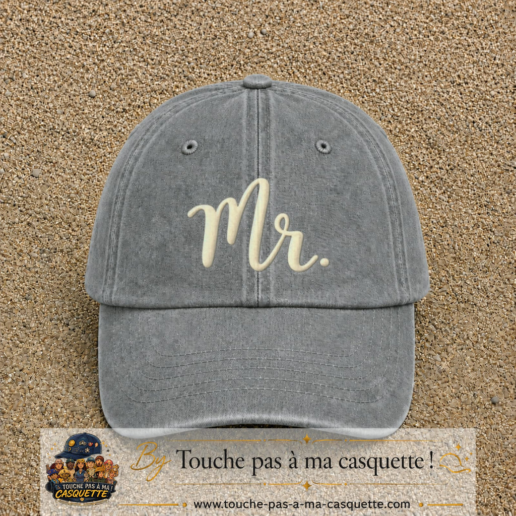 Image principale produit111grosGR - casquette Gris délavé avec visuel Mr blanc 7 cm