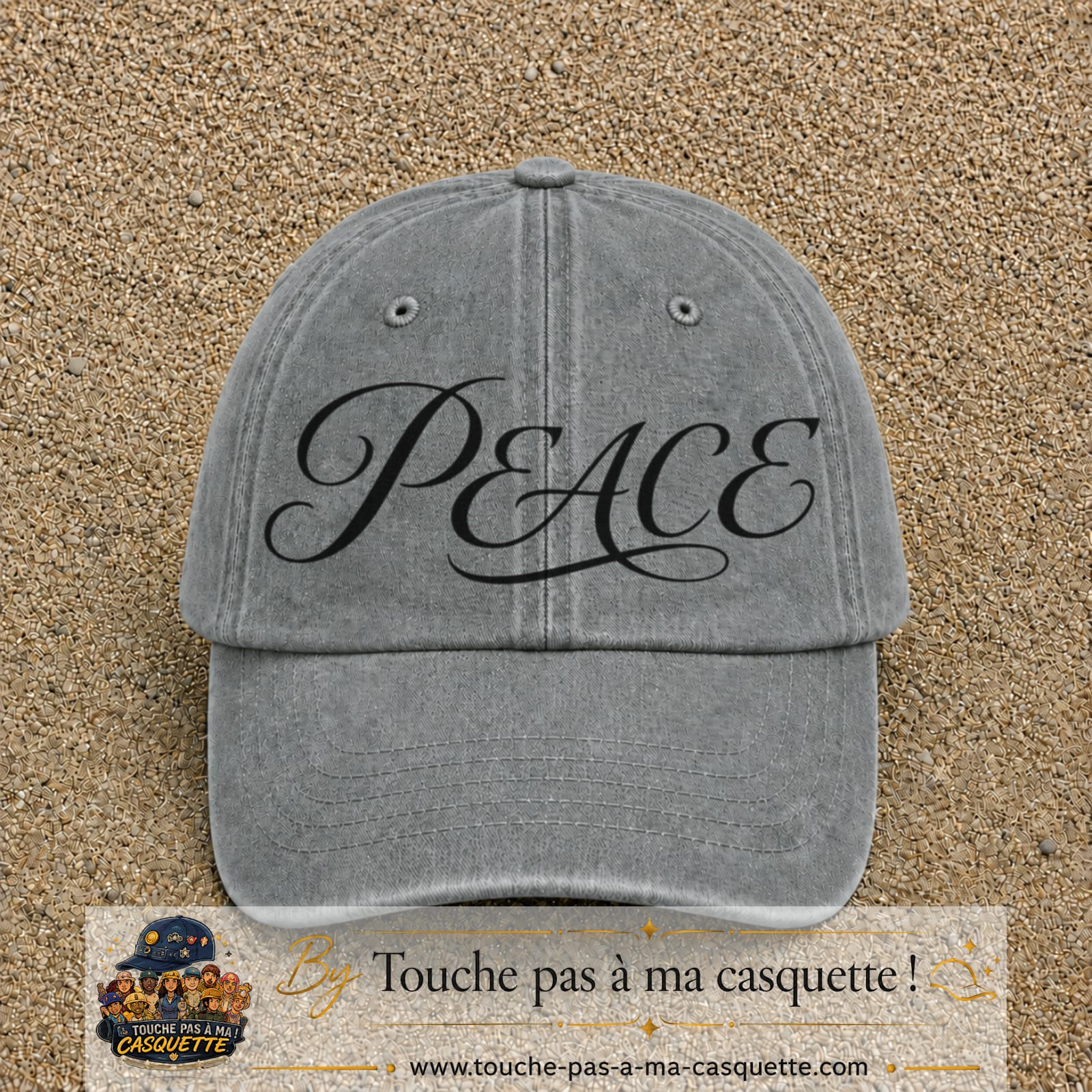 Image principale produit132grosGR - casquette Gris délavé avec visuel Peace calligraphie 7 cm
