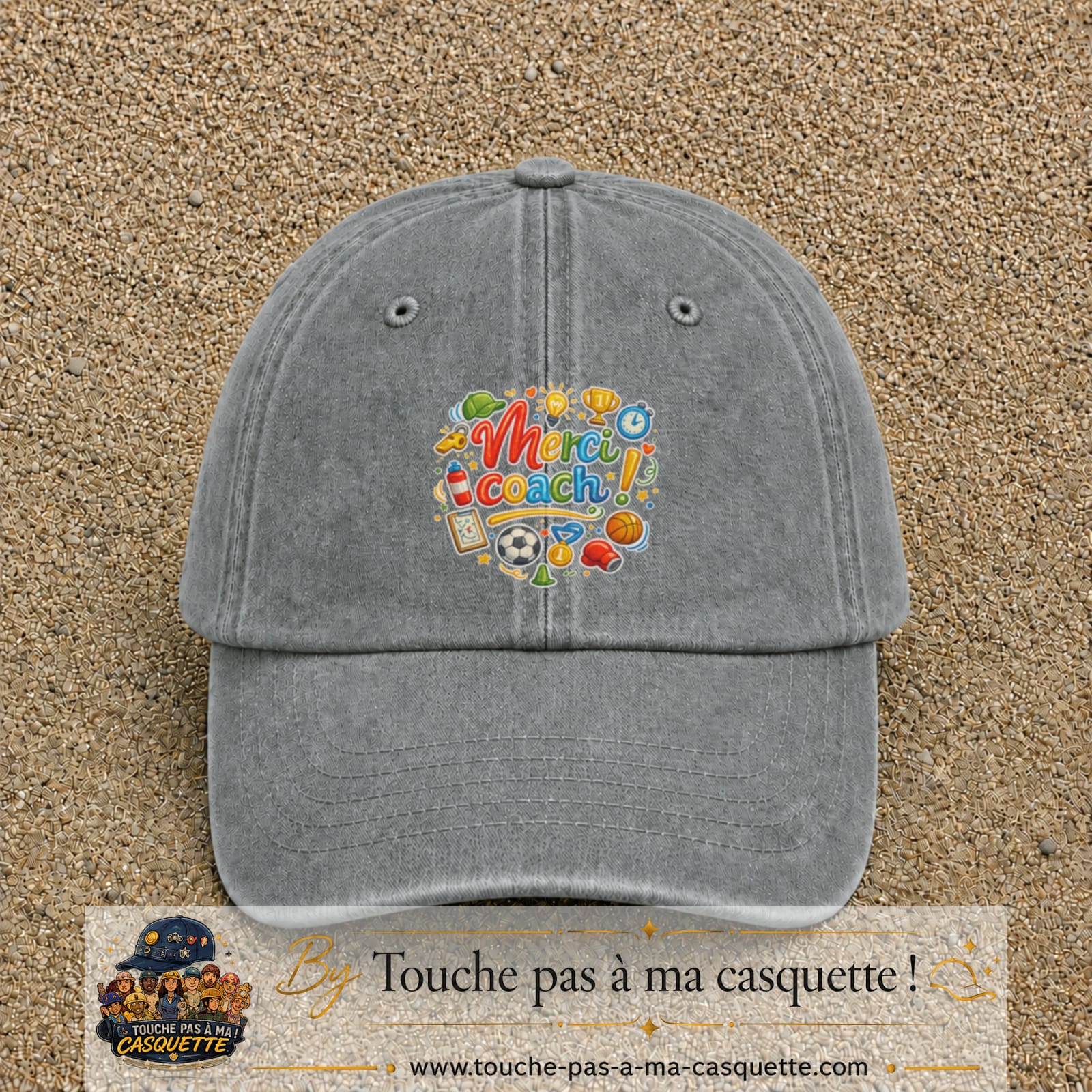 Casquette Gris délavé avec motif Merci coach multisport en 7 cm – vue principale