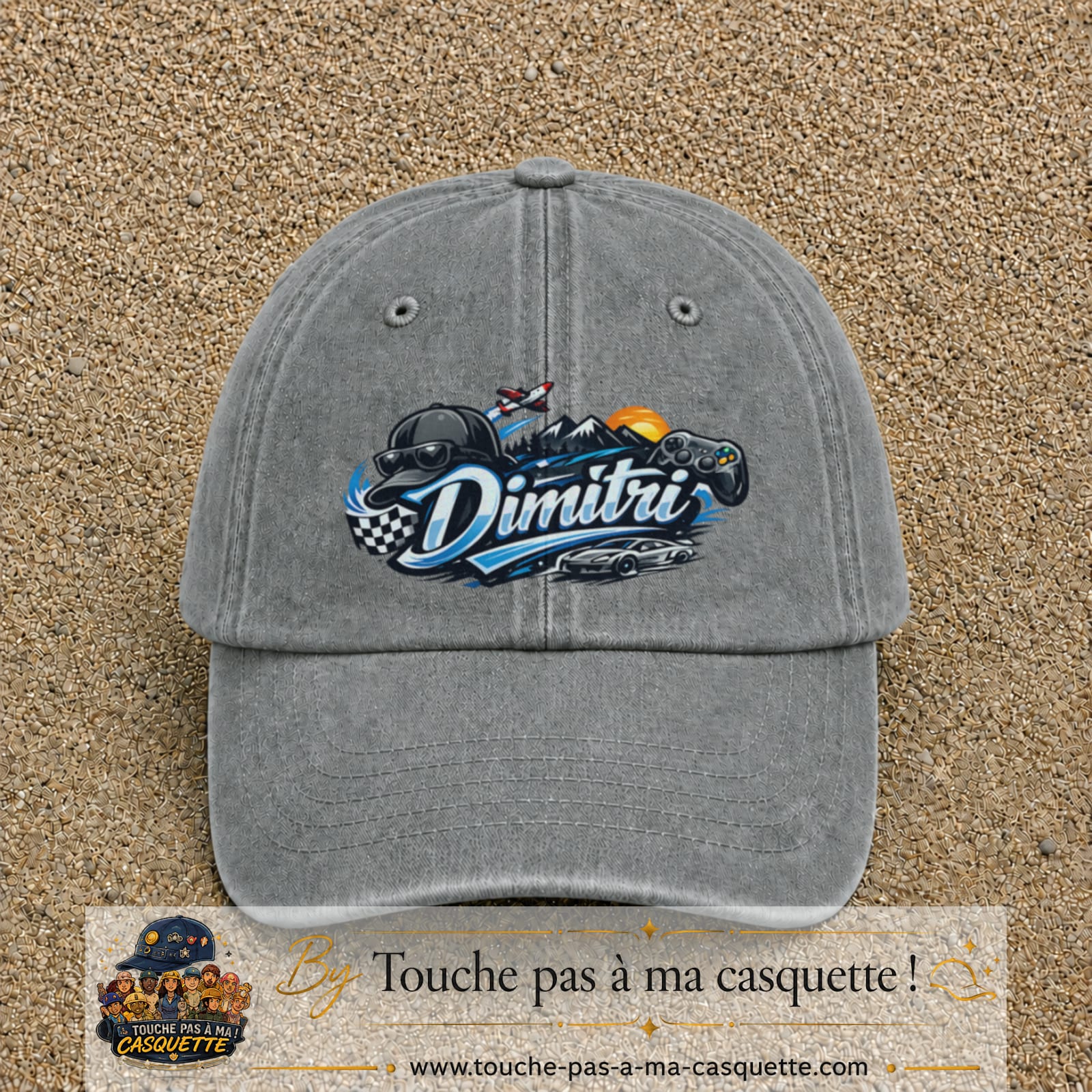 Casquette Gris délavé avec motif Prénom Dimitri univers vitesse en 7 cm – vue principale