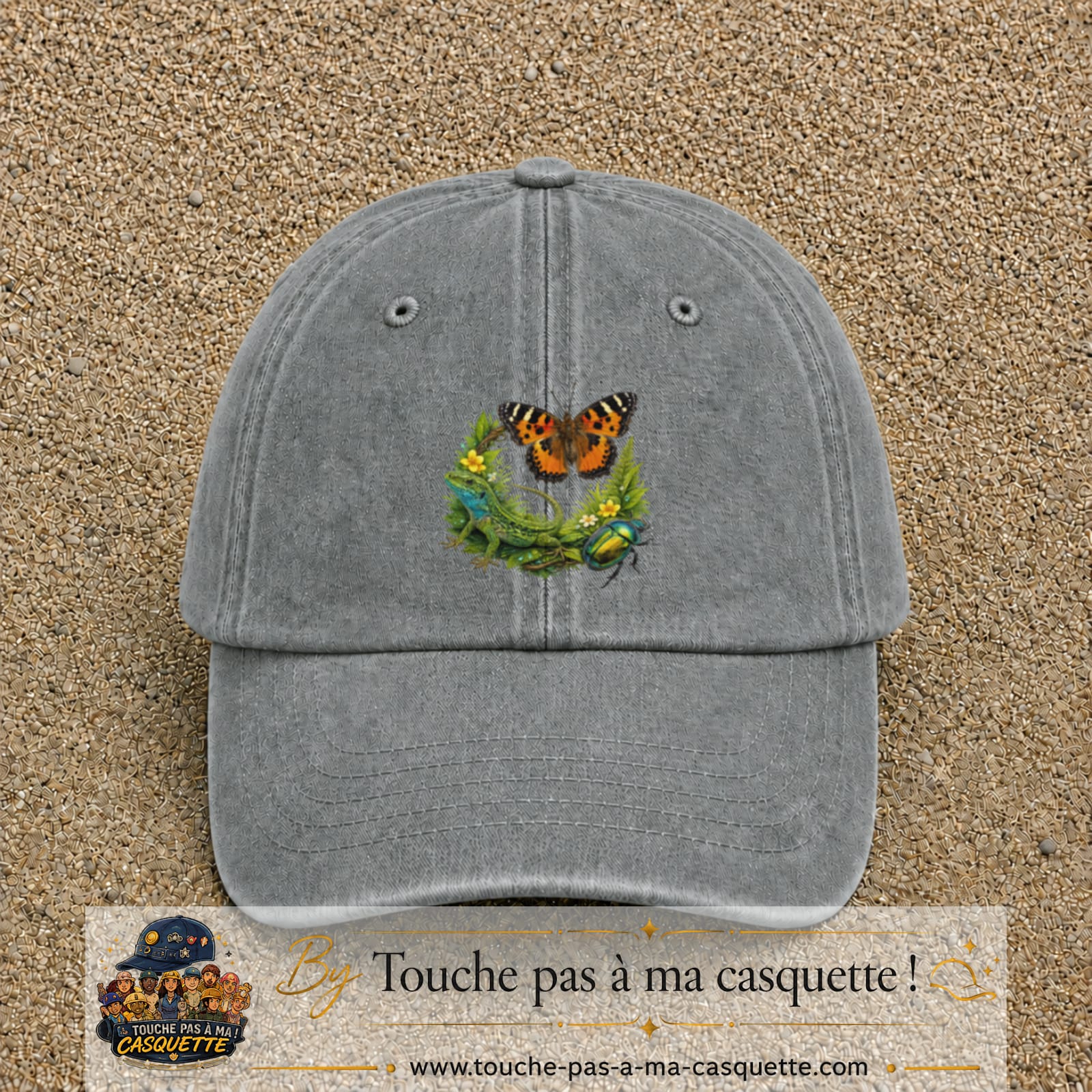 Image principale casquette Gris délavé avec motif Papillon et lézard 7 cm