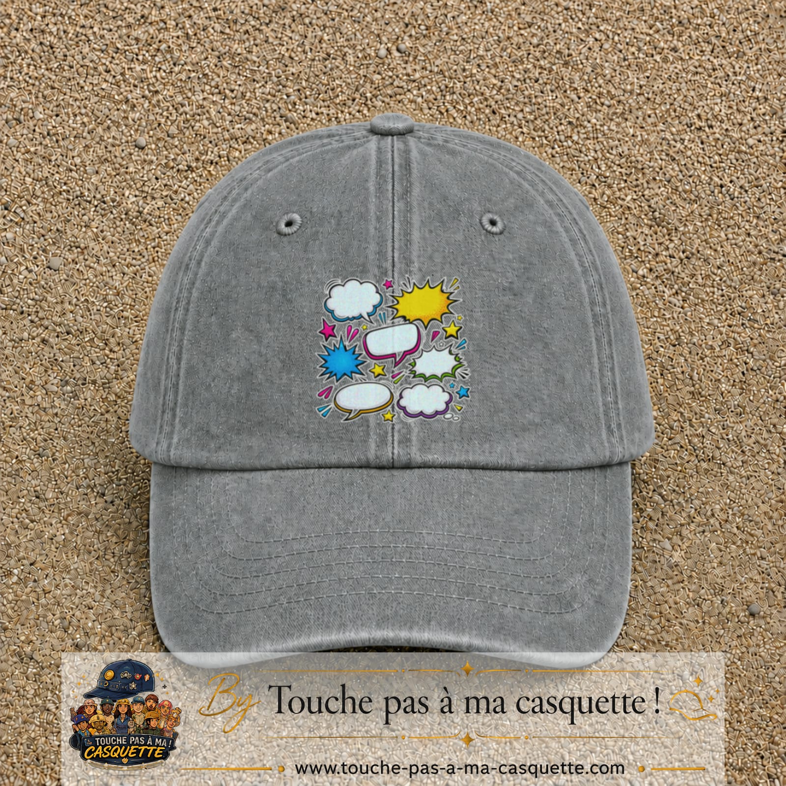 Casquette Gris délavé motif Bulles de bande dessinée logo 7 cm