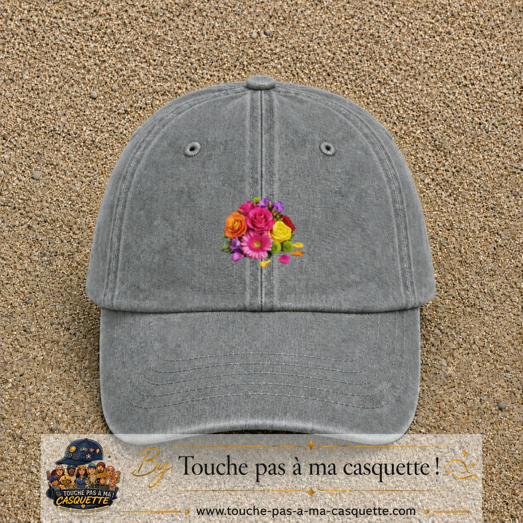 Casquette Gris délavé motif Bouquet de fleurs logo 5 cm