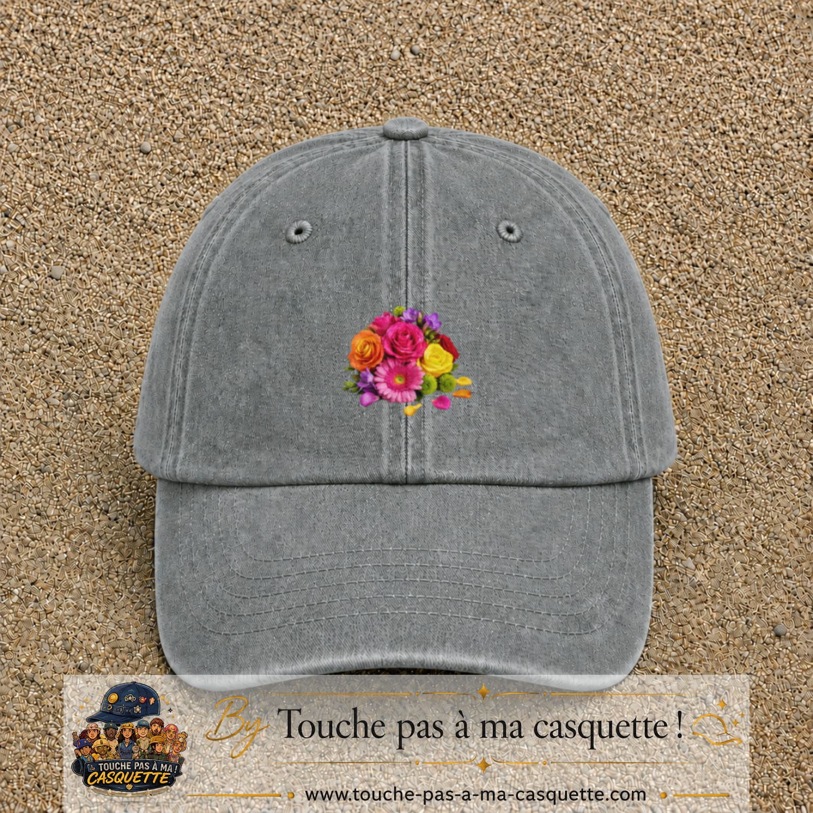 Casquette Gris délavé motif Bouquet de fleurs logo 5 cm