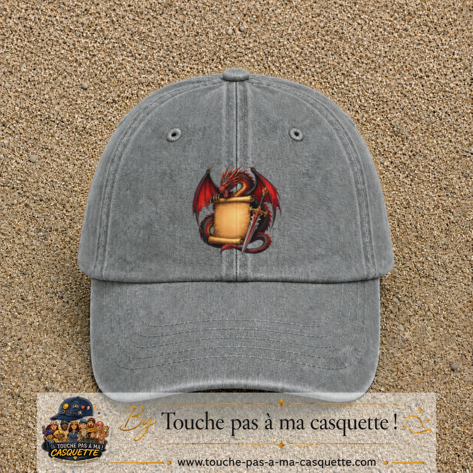Casquette Gris délavé motif Dragon parchemin logo 7 cm