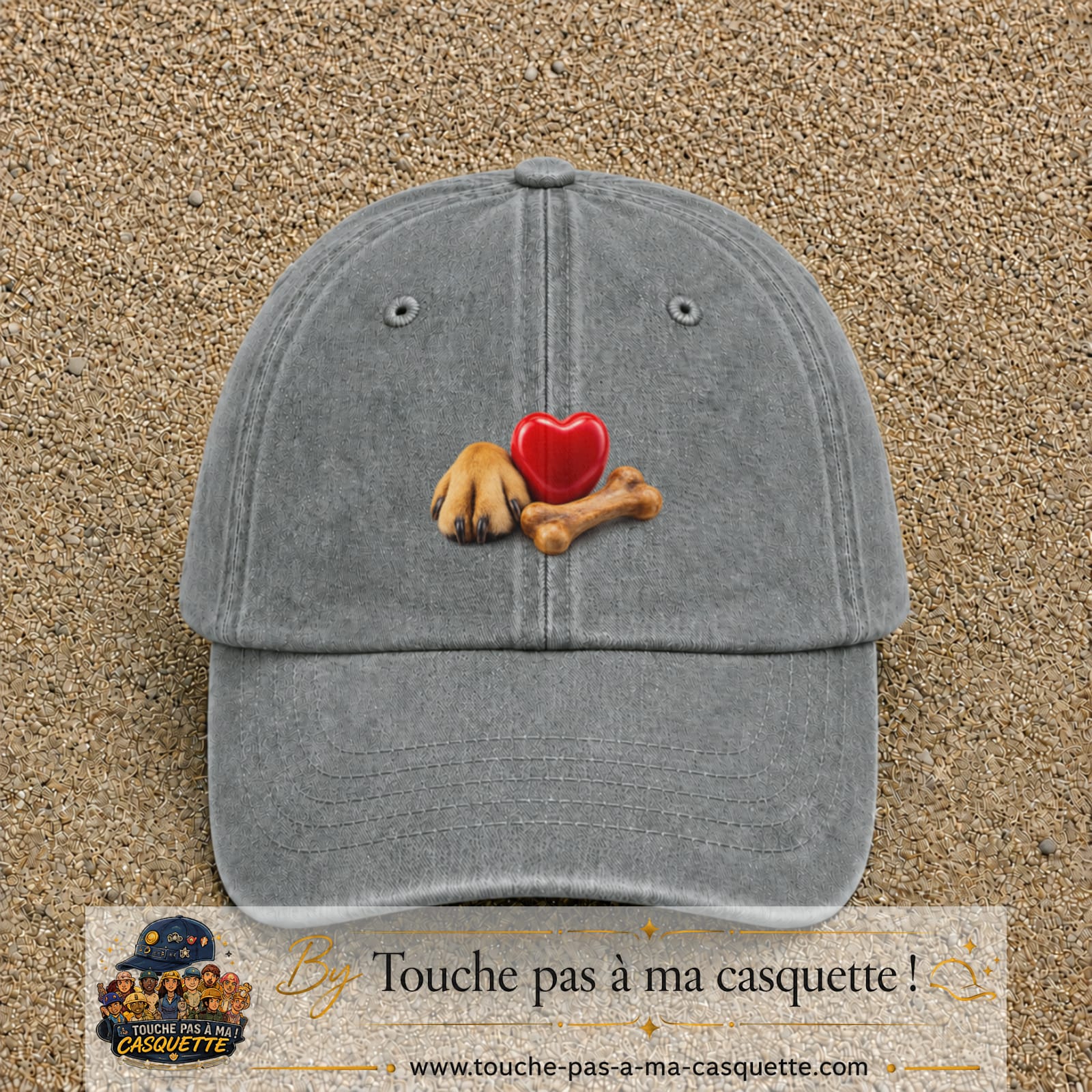 Casquette Gris délavé motif Patte de chien et cœur logo 5 cm