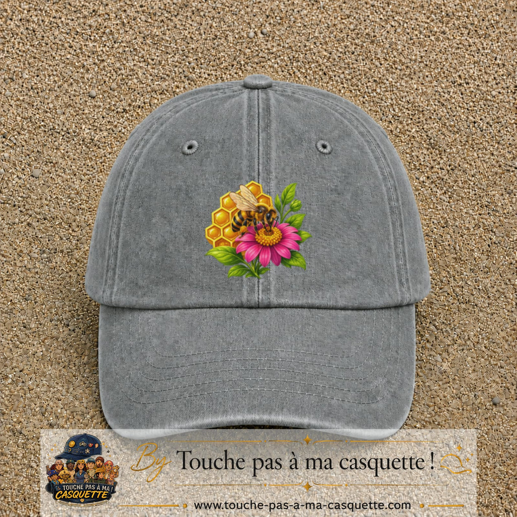 Casquette Gris délavé motif Abeille et miel logo 7 cm