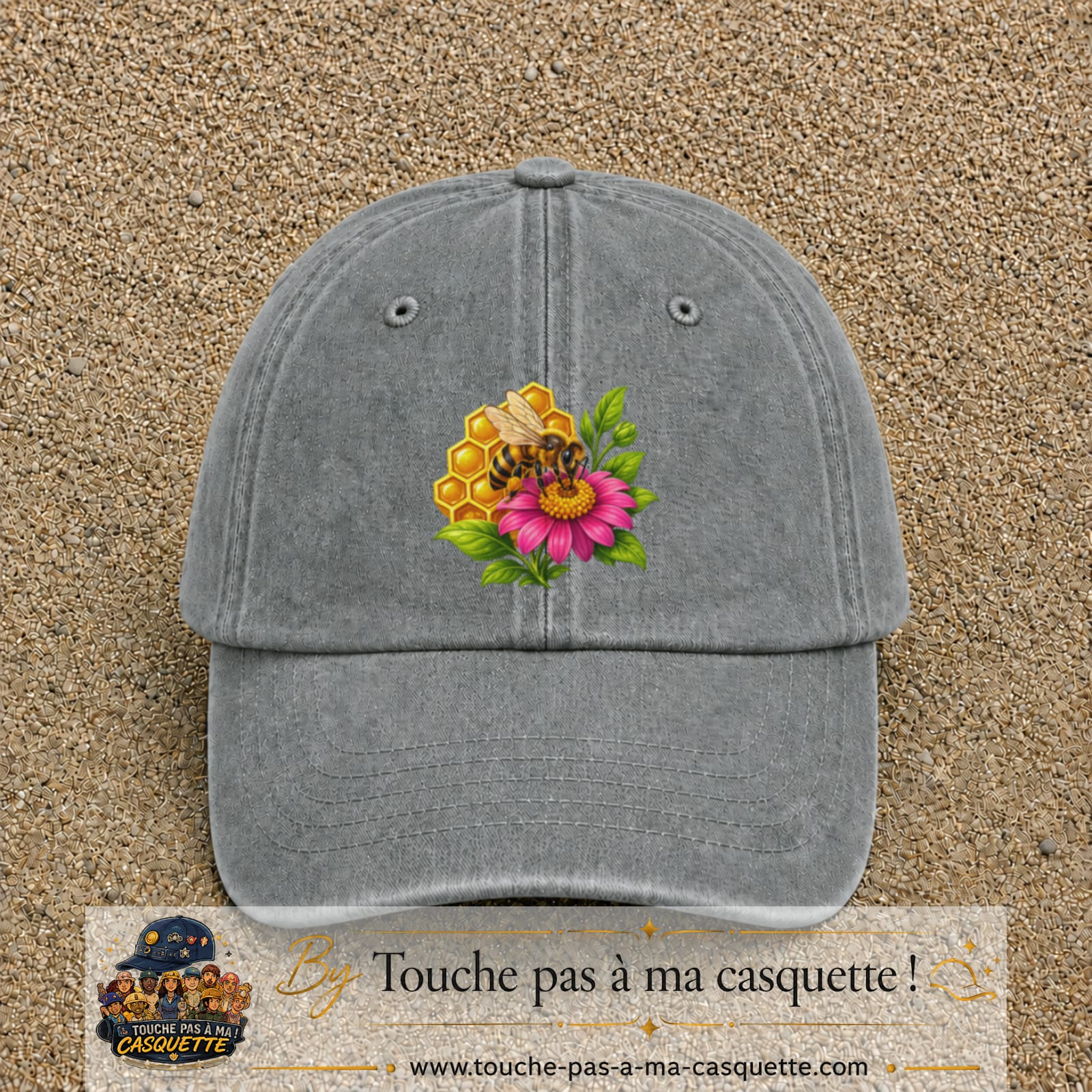 Casquette Gris délavé motif Abeille et miel logo 7 cm