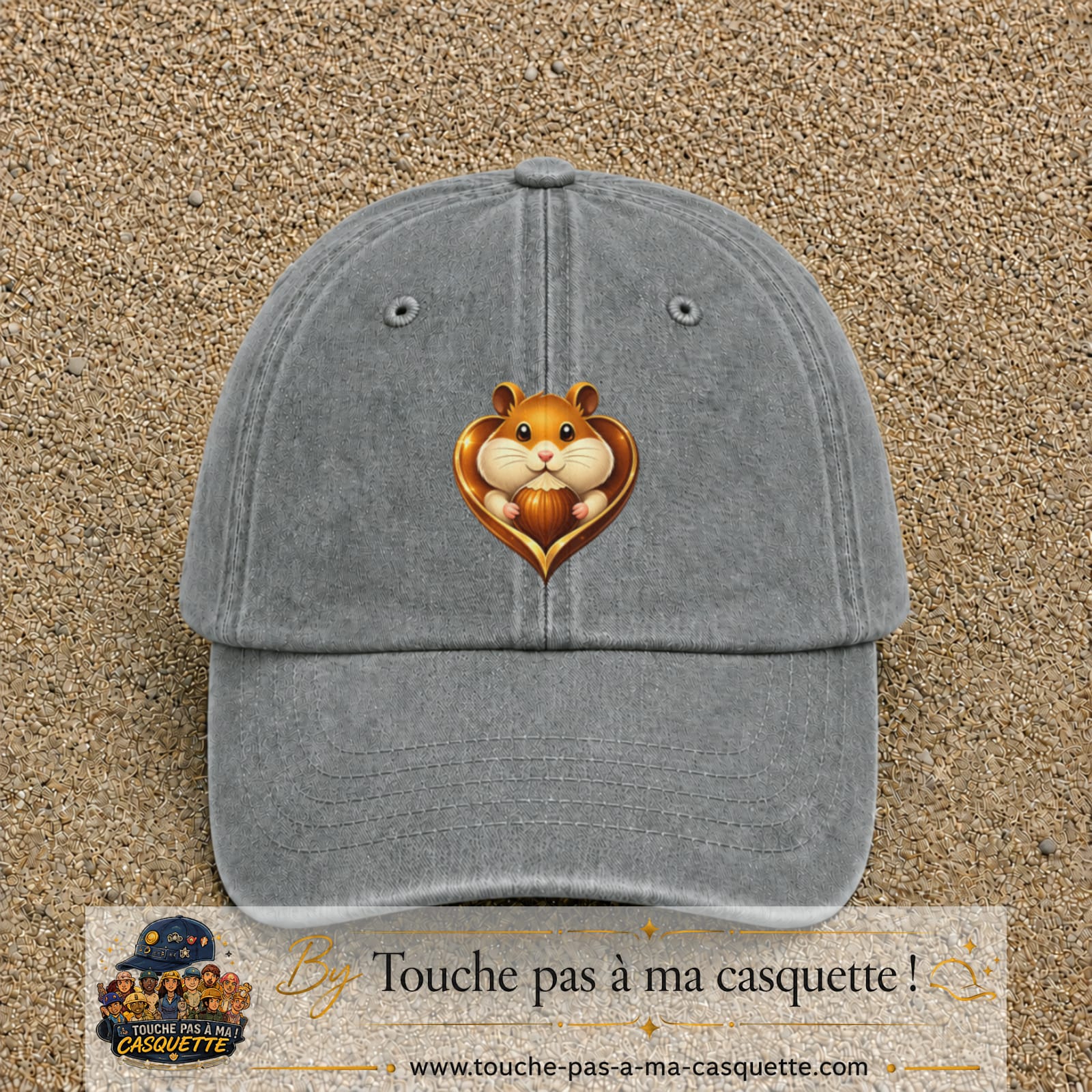 Casquette Gris délavé avec motif Hamster au gland dans un cœur en 7 cm – vue principale