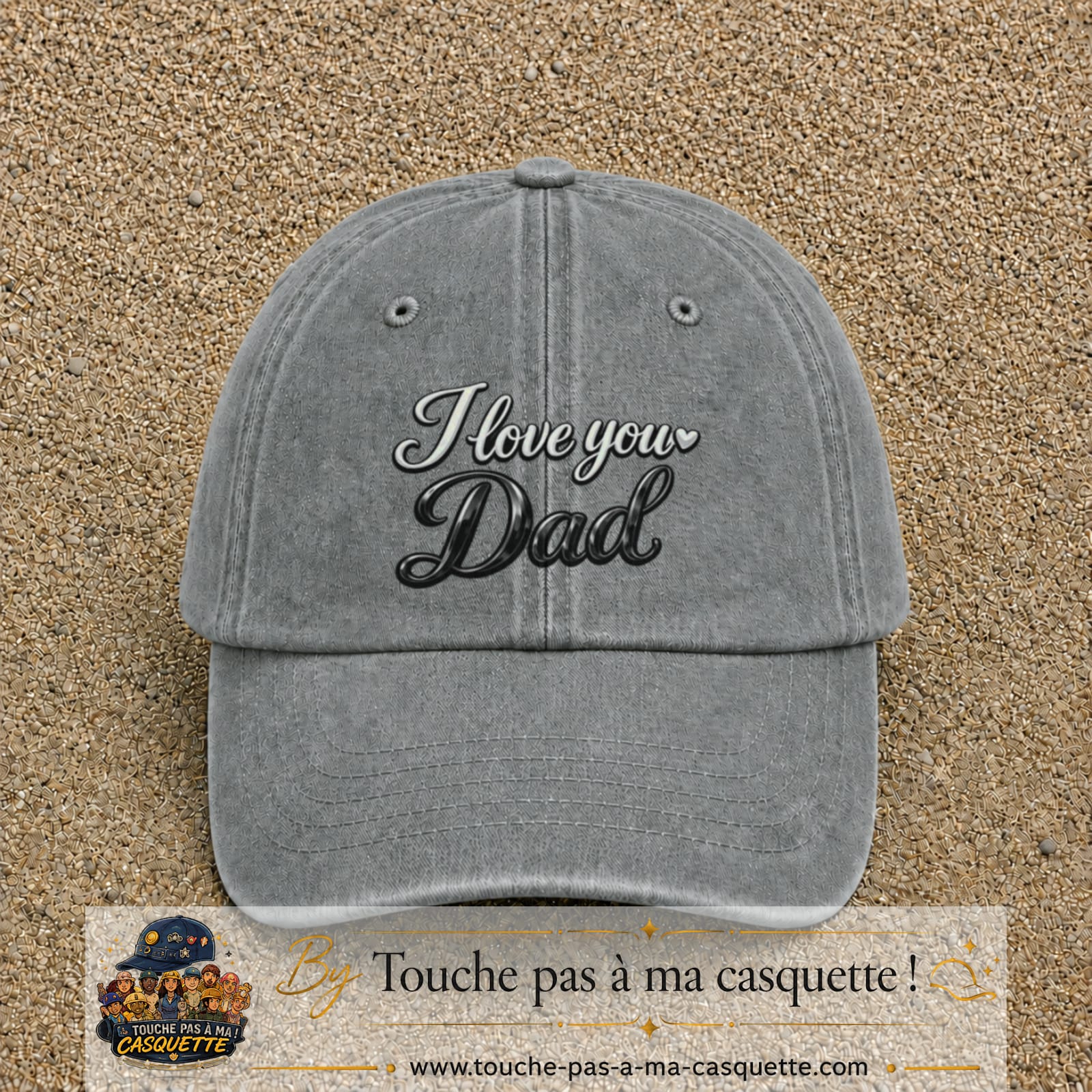 Casquette Gris délavé avec motif I Love You Dad en calligraphie en 7 cm – vue principale