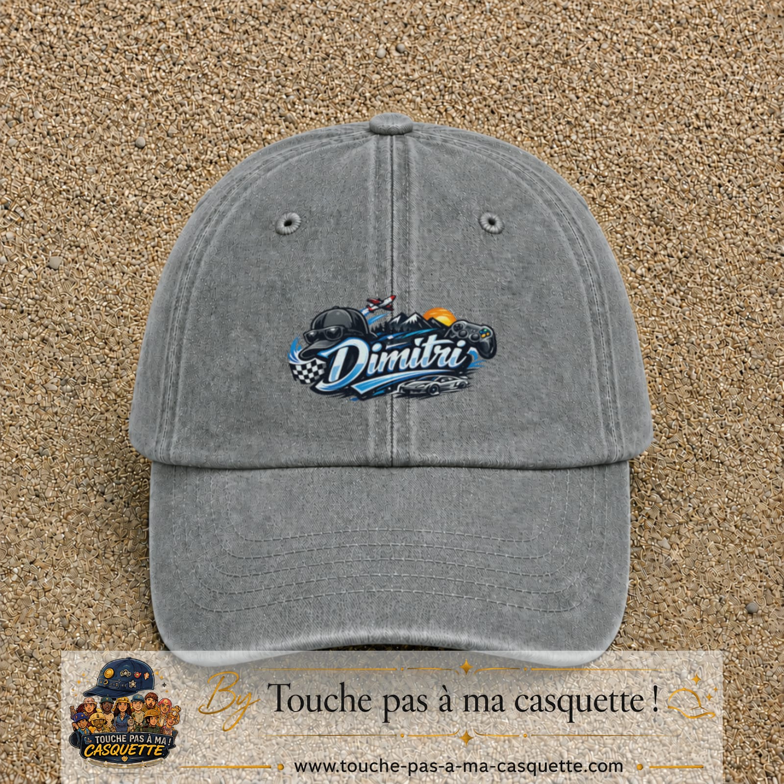 Casquette Gris délavé avec motif Prénom Dimitri univers vitesse en 5 cm – vue principale