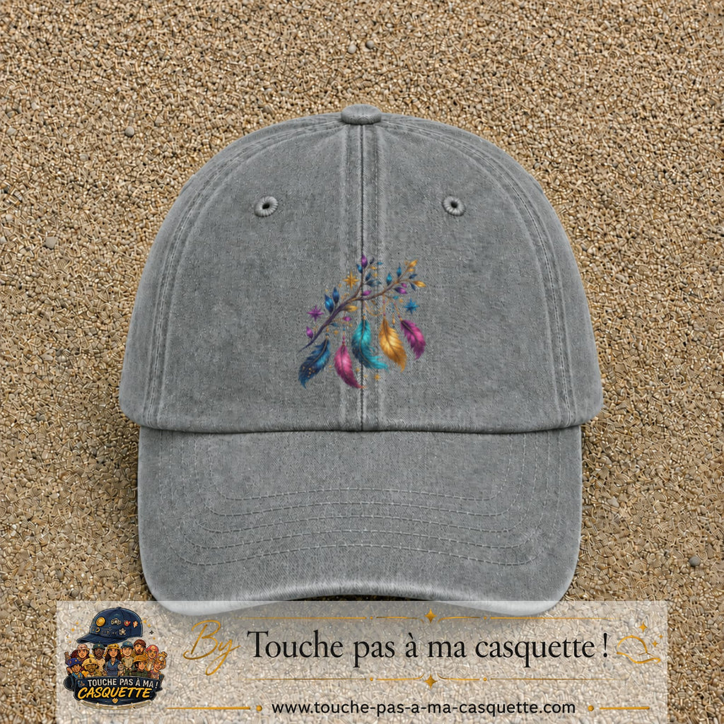Casquette Gris délavé motif Plumes bohèmes logo 7 cm