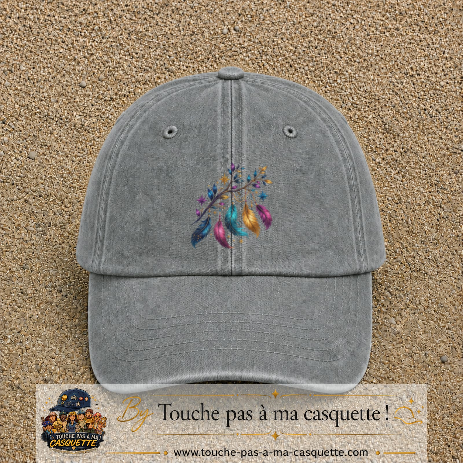 Casquette Gris délavé motif Plumes bohèmes logo 7 cm