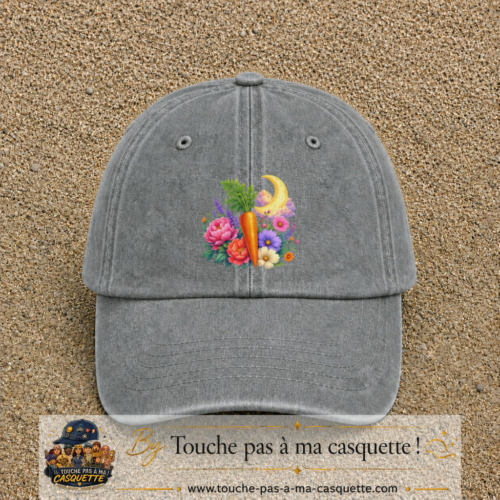 Casquette Gris délavé motif Jardin carotte fleuri logo 7 cm