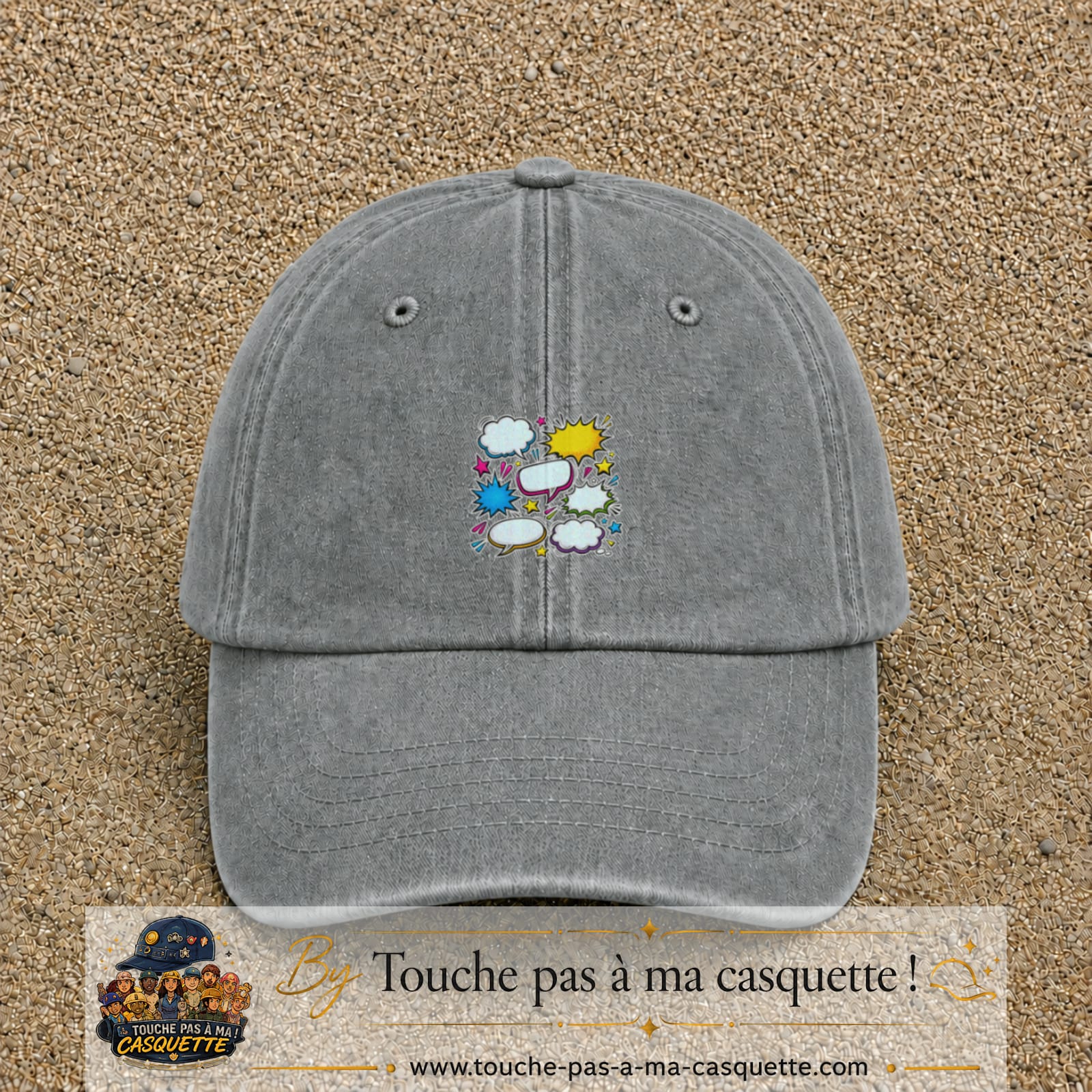 Casquette Gris délavé motif Bulles de bande dessinée logo 5 cm