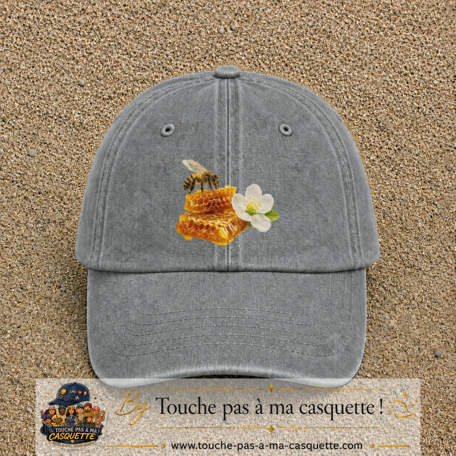 Image principale casquette Gris délavé avec motif Abeille et miel 7 cm