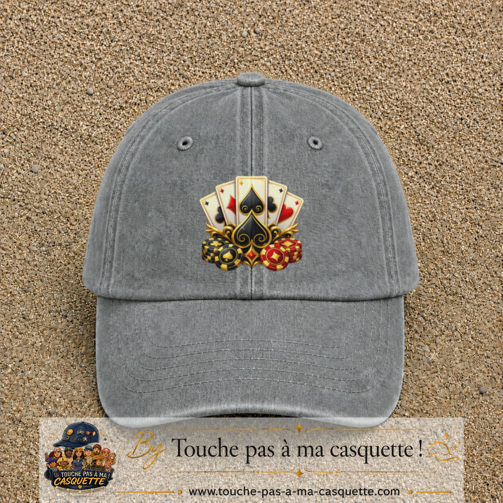 Casquette Gris délavé motif Poker cartes et jetons logo 7 cm