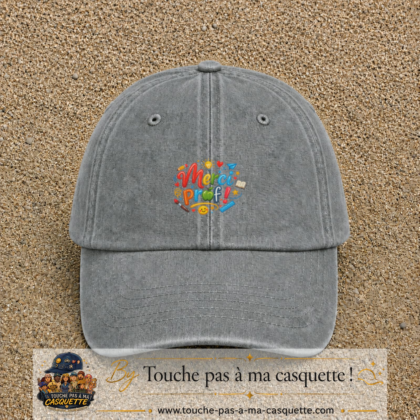 Casquette Gris délavé avec motif Merci Prof coloré en 5 cm – vue principale