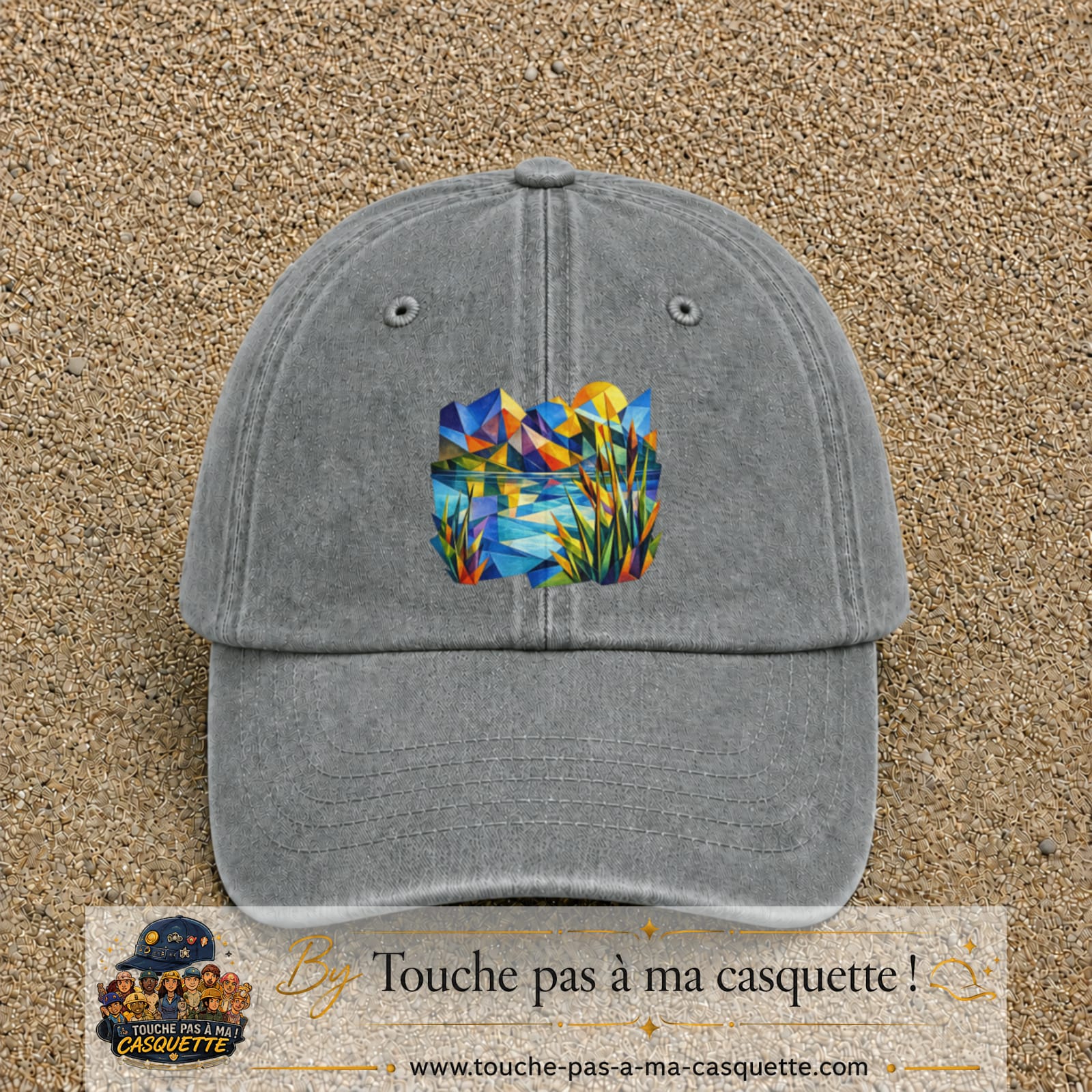 Casquette Gris délavé motif Paysage tropical géométrique logo 7 cm