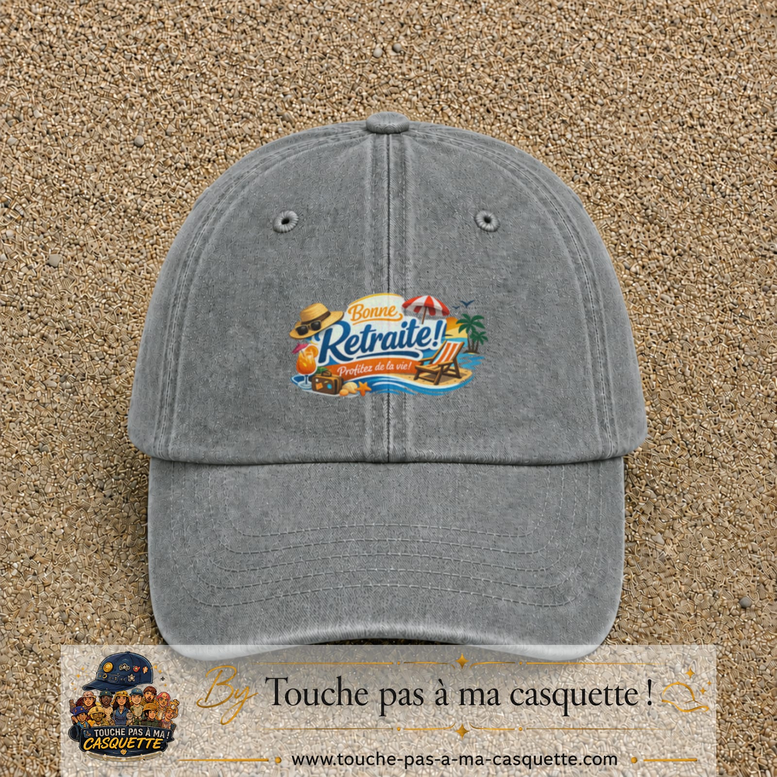 Casquette Gris délavé avec motif Bonne retraite au bord de la mer en 5 cm – vue principale