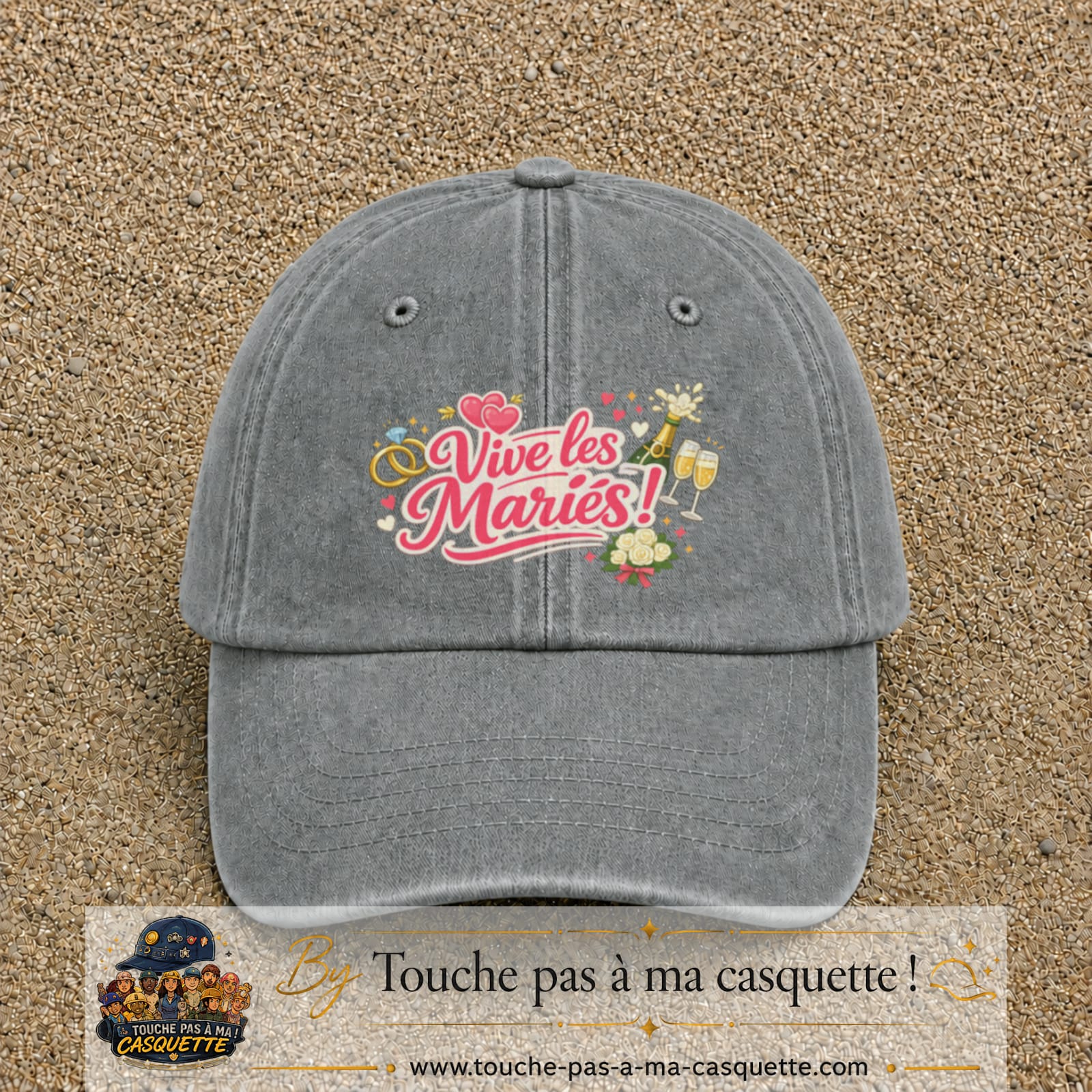 Casquette Gris délavé avec motif Vive les Mariés en 7 cm – vue principale