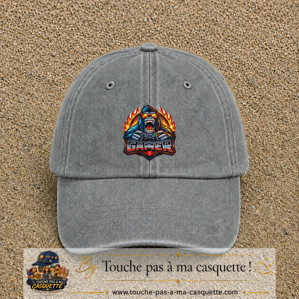 Casquette Gris délavé motif Gamer gorille logo 7 cm