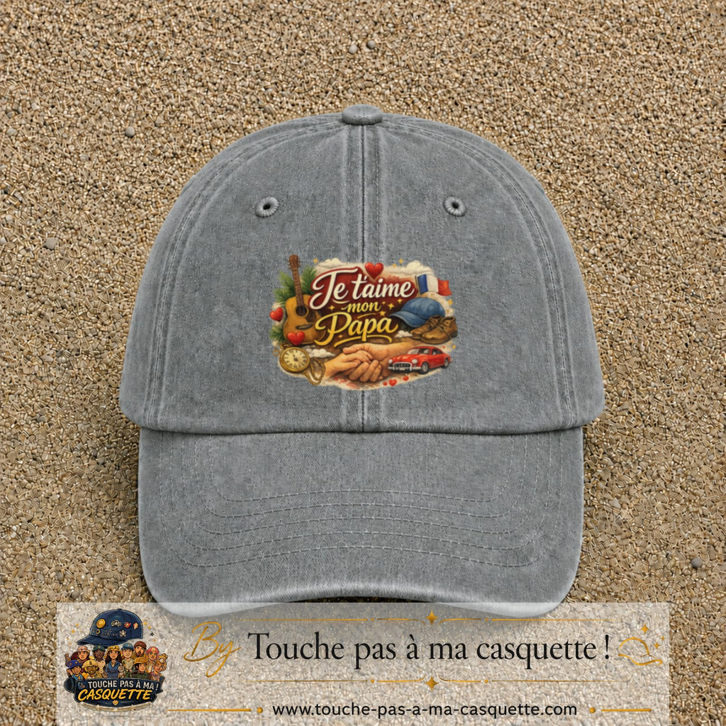 Casquette Gris délavé avec motif Je t’aime mon Papa et ses passions en 7 cm – vue principale