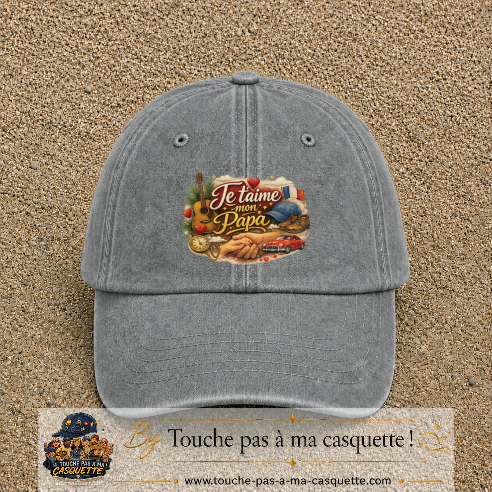 Casquette Gris délavé avec motif Je t’aime mon Papa et ses passions en 7 cm – vue principale