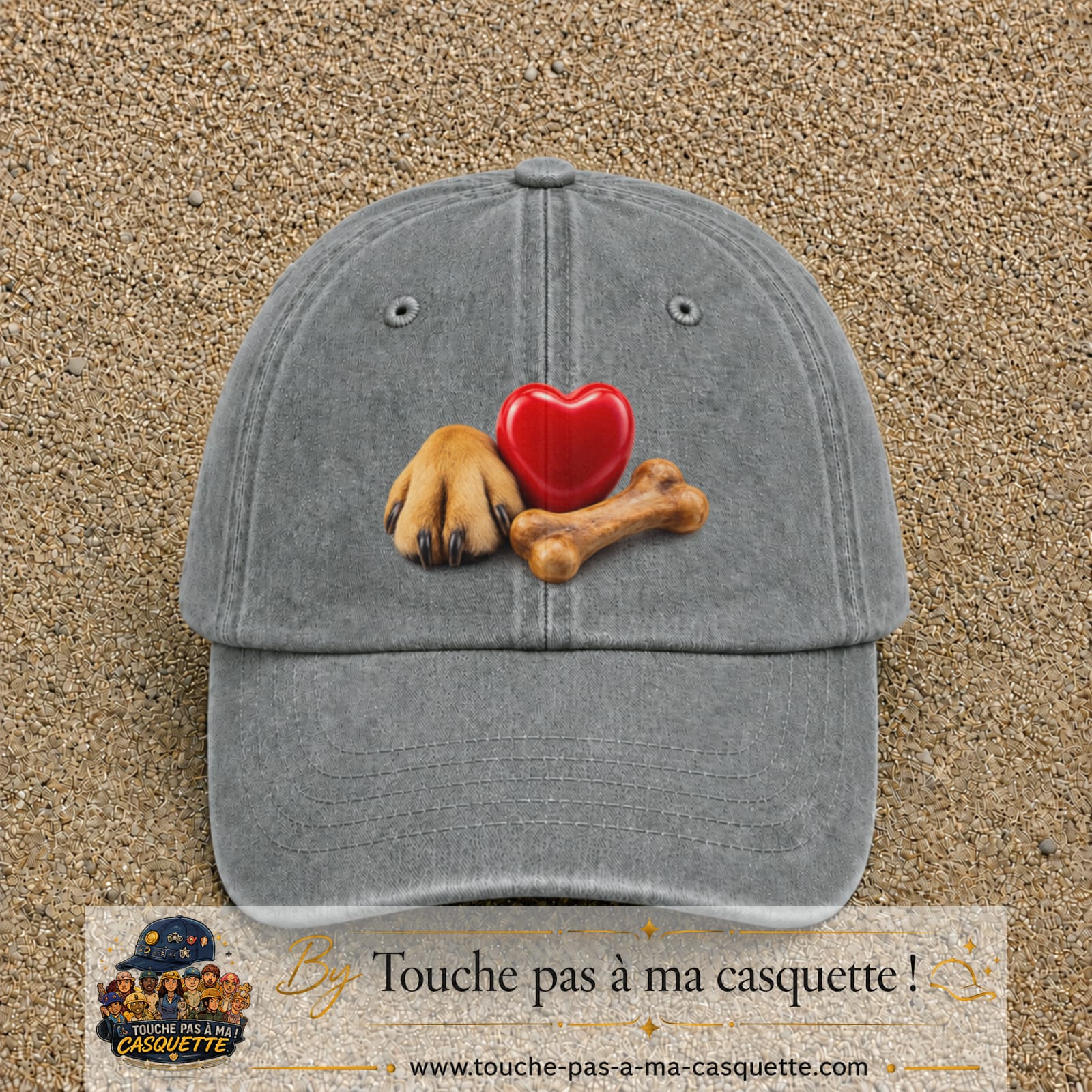 Casquette Gris délavé motif Patte de chien et cœur logo 7 cm
