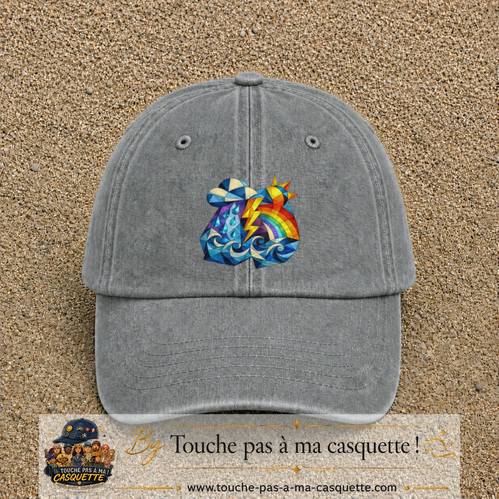 Image principale casquette Gris délavé avec motif Orage arc-en-ciel 7 cm