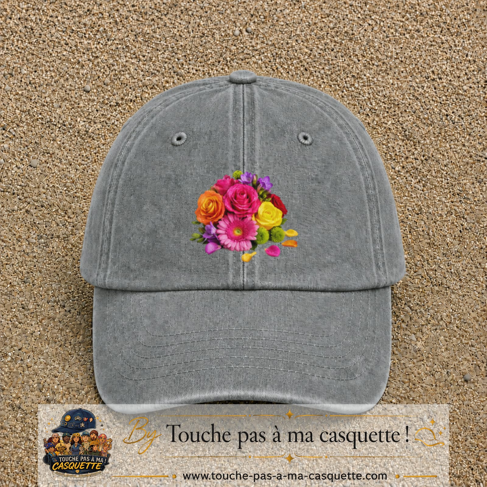 Casquette Gris délavé motif Bouquet de fleurs logo 7 cm
