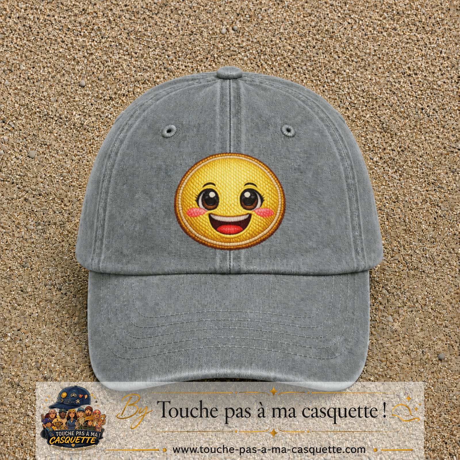 Image principale produit9grosGR - casquette Gris délavé avec visuel Emoji souriant 7 cm
