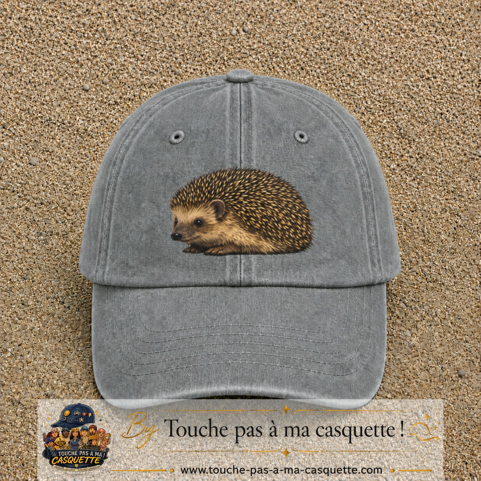 Image principale produit192grosGR - casquette Gris délavé avec visuel Hérisson réaliste 7 cm