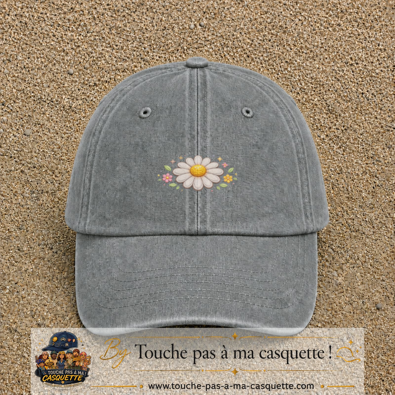 Image principale produit120petitGR - casquette Gris délavé avec visuel Marguerite horizontale 3 cm