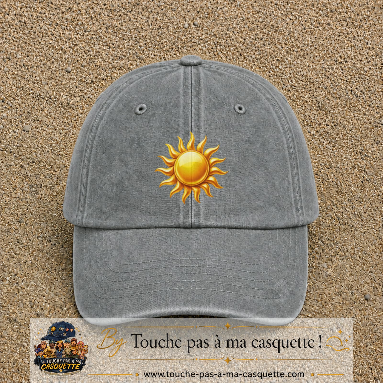 Image principale produit102grosGR - casquette Gris délavé avec visuel Soleil brillant 7 cm