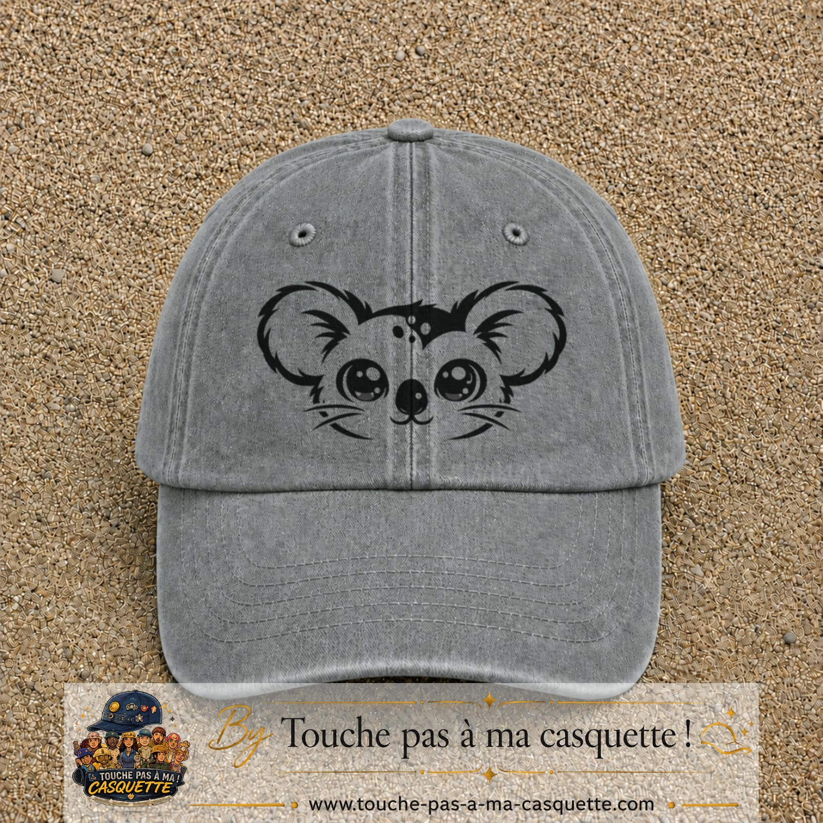 Image principale produit100grosGR - casquette Gris délavé avec visuel Koala visage 7 cm