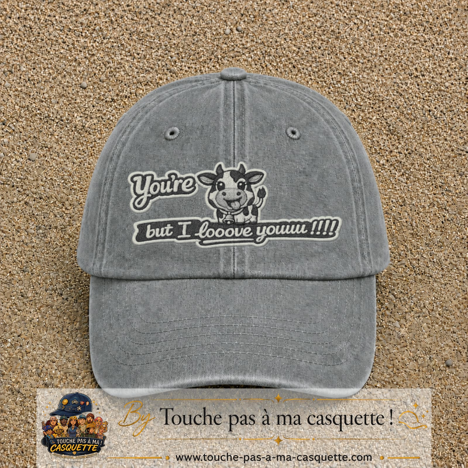 Image principale produit121grosGR - casquette Gris délavé avec visuel Vache message anglais 7 cm