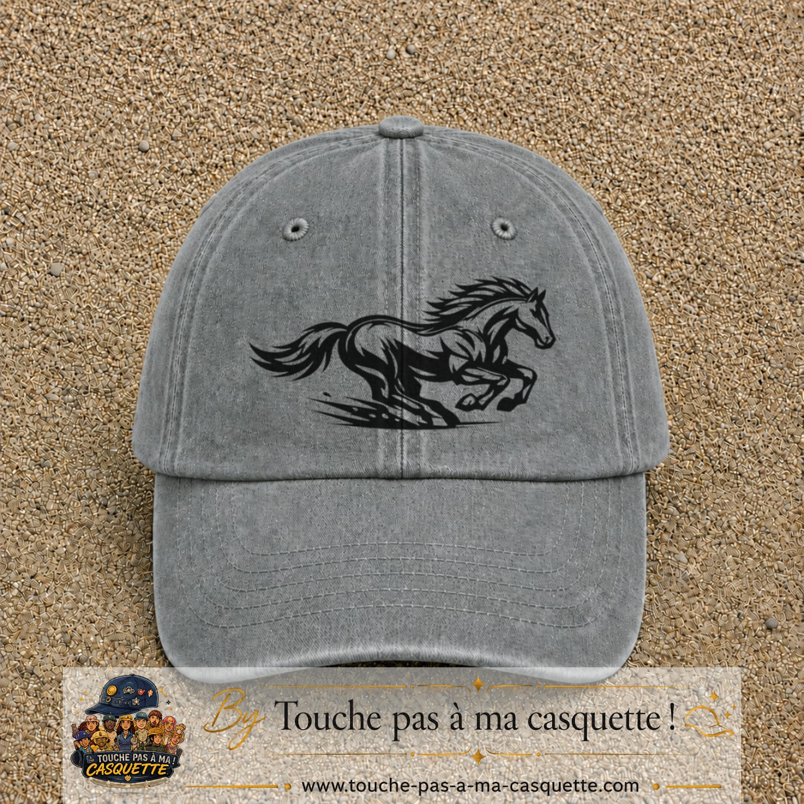 Image principale produit127grosGR - casquette Gris délavé avec visuel Cheval au galop 7 cm