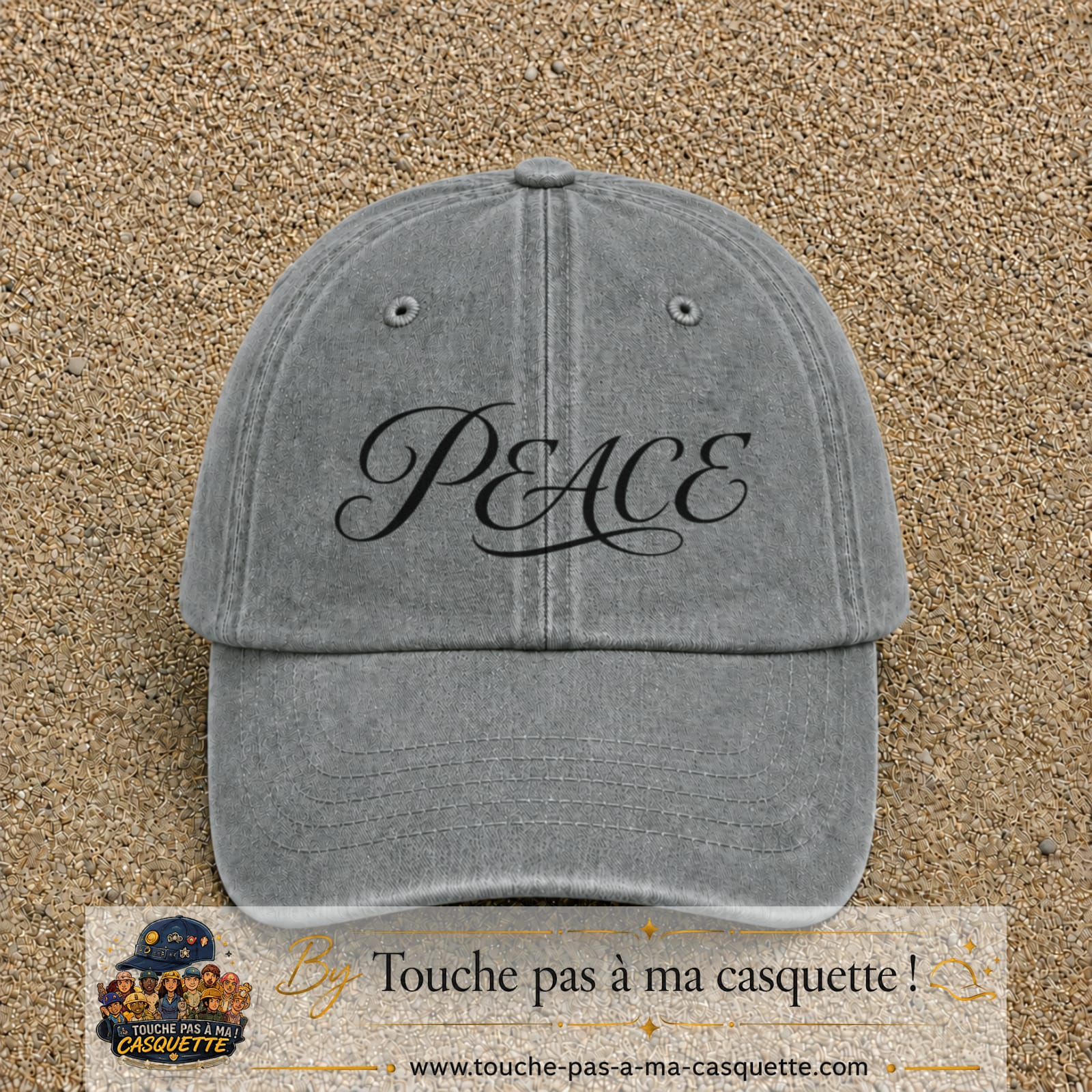 Image principale produit132moyenGR - casquette Gris délavé avec visuel Peace calligraphie 5 cm