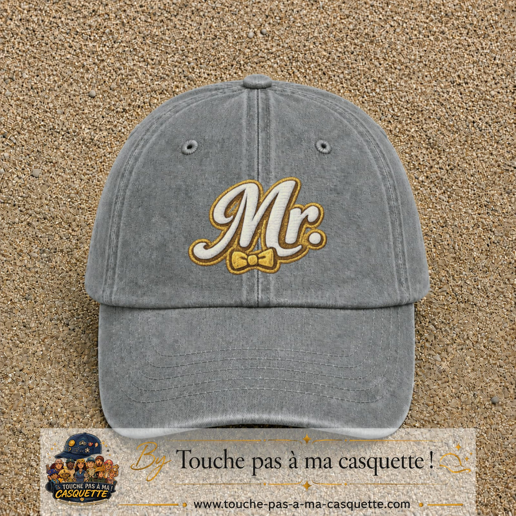 Image principale produit110grosGR - casquette Gris délavé avec visuel Mr élégant 7 cm