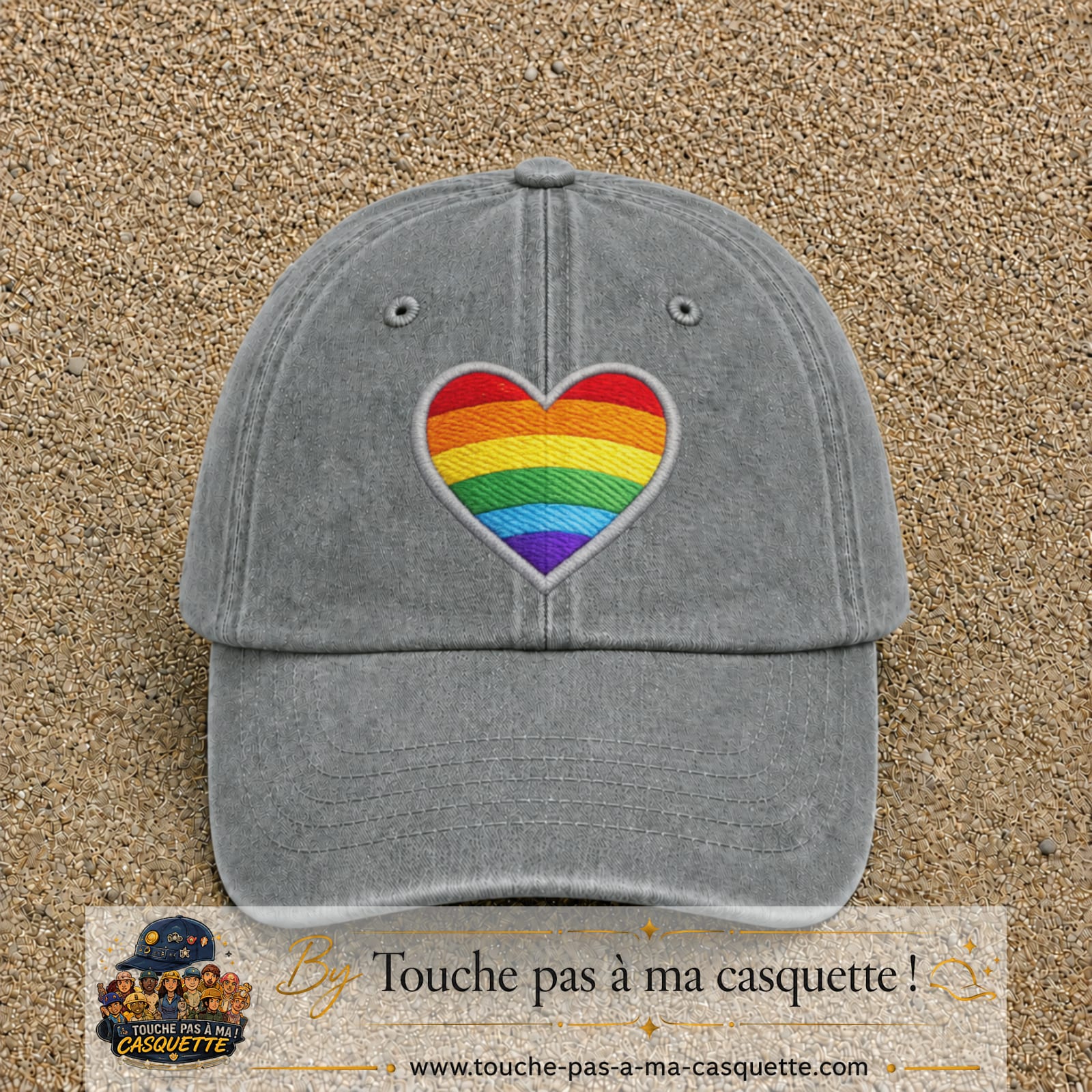 Image principale produit25grosGR - casquette Gris délavé avec visuel Cœur arc-en-ciel écusson 7 cm