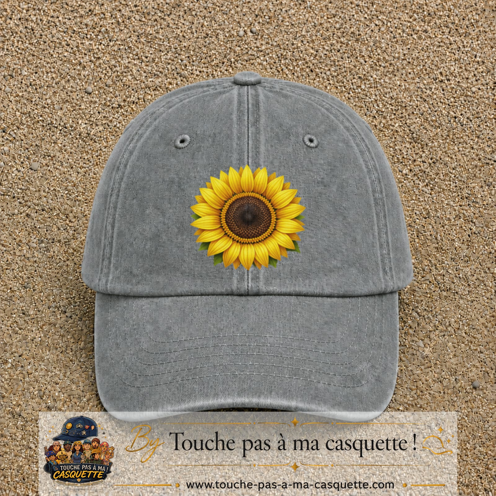 Image principale produit11grosGR - casquette Gris délavé avec visuel Tournesol 7 cm