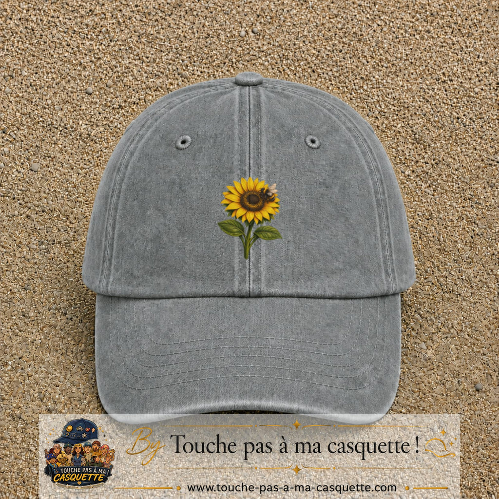 Image principale produit75moyenGR - casquette Gris délavé avec visuel Tournesol abeille 5 cm