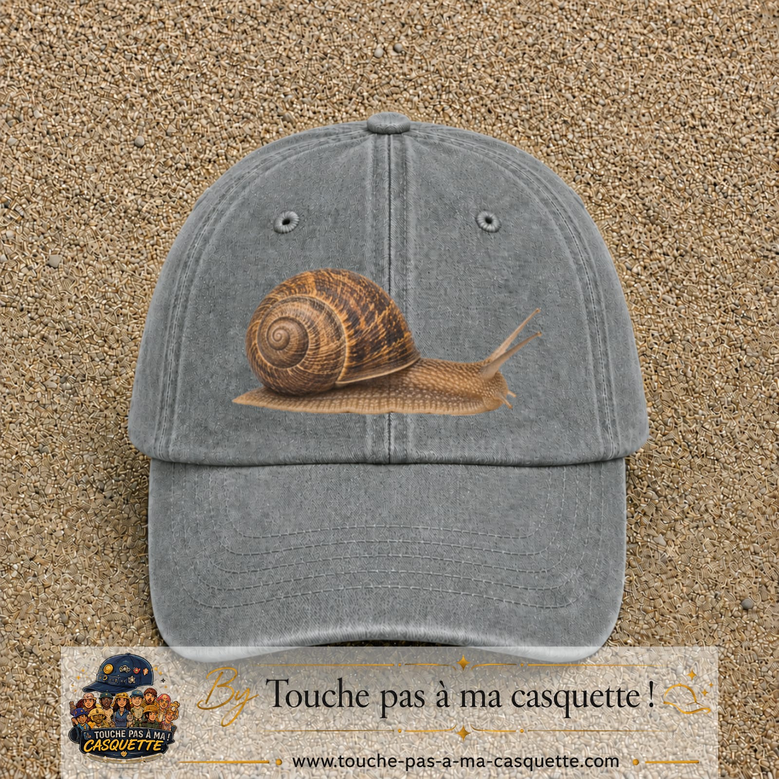 Image principale produit74grosGR - casquette Gris délavé avec visuel Escargot 7 cm