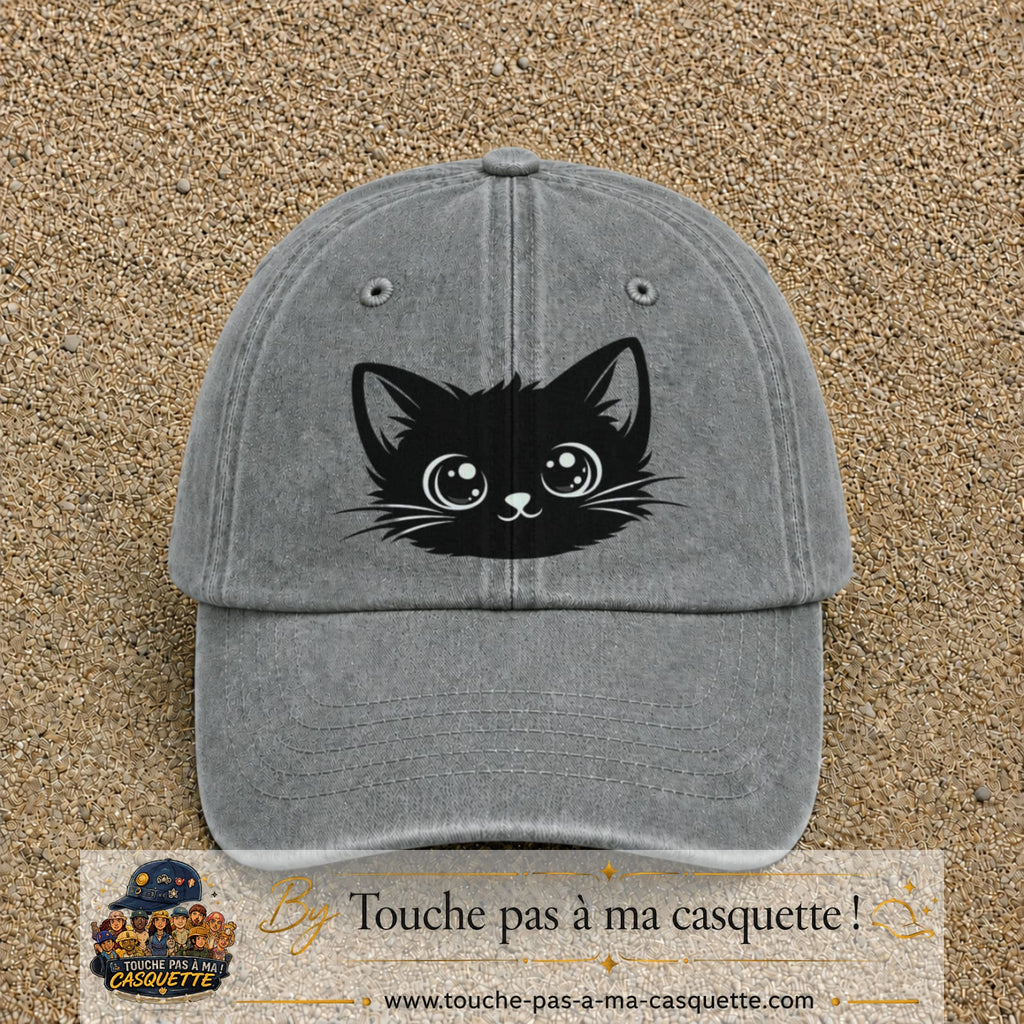 Image principale produit2grosGR - casquette Gris délavé avec visuel Chat noir yeux ronds 7 cm
